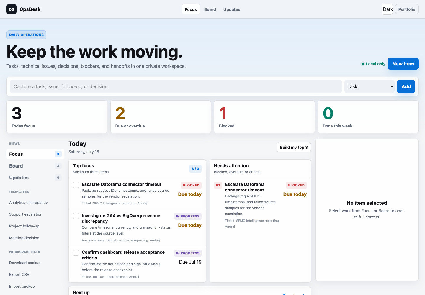 OpsDesk application dashboard